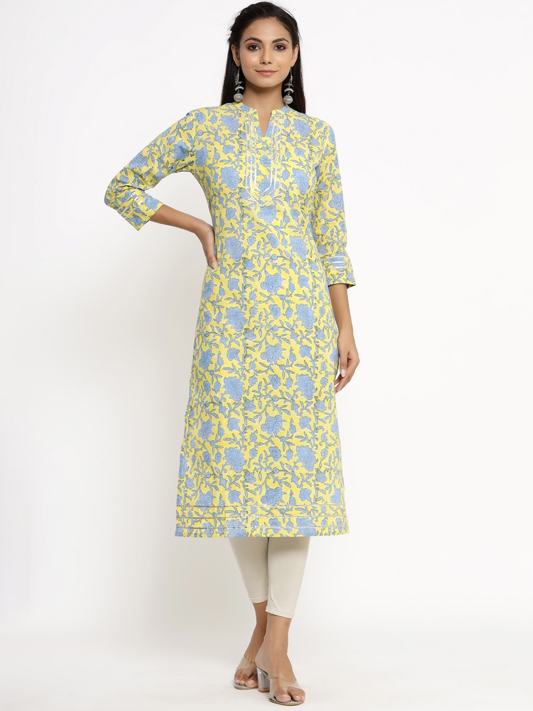 

KALINI Floral Printed Mandarin Collar Pure Cotton Kurta, Yellow