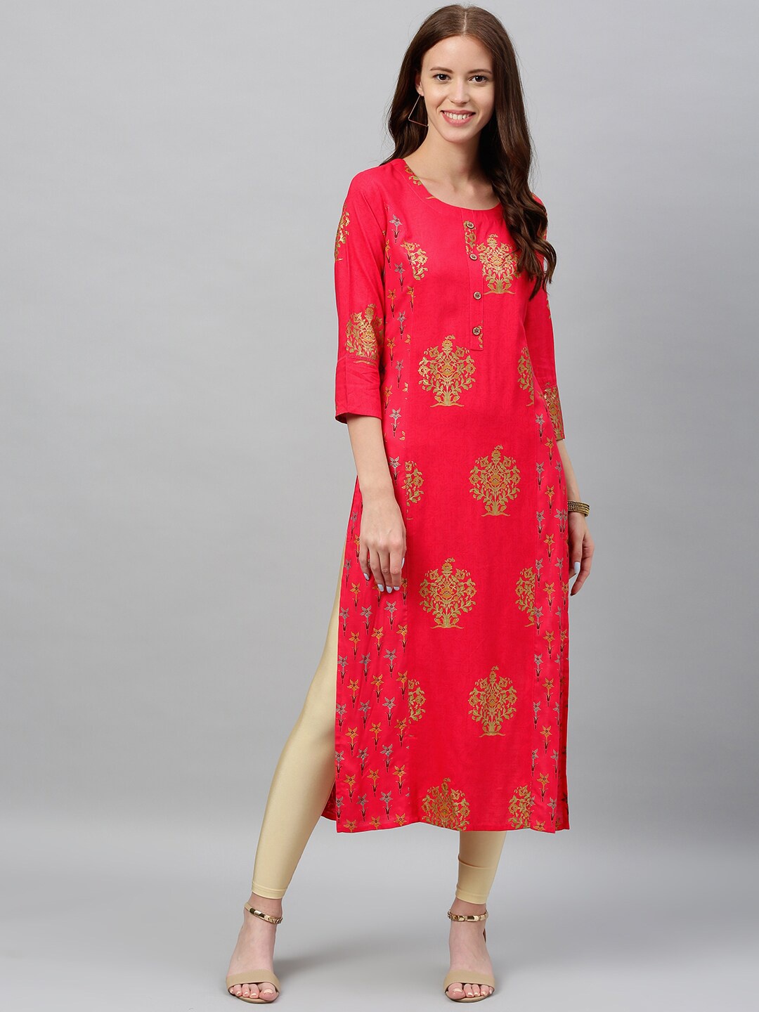 

KALINI Ethnic Motifs Foil Printed Three-Quarter Lace Detail Kurta, Pink