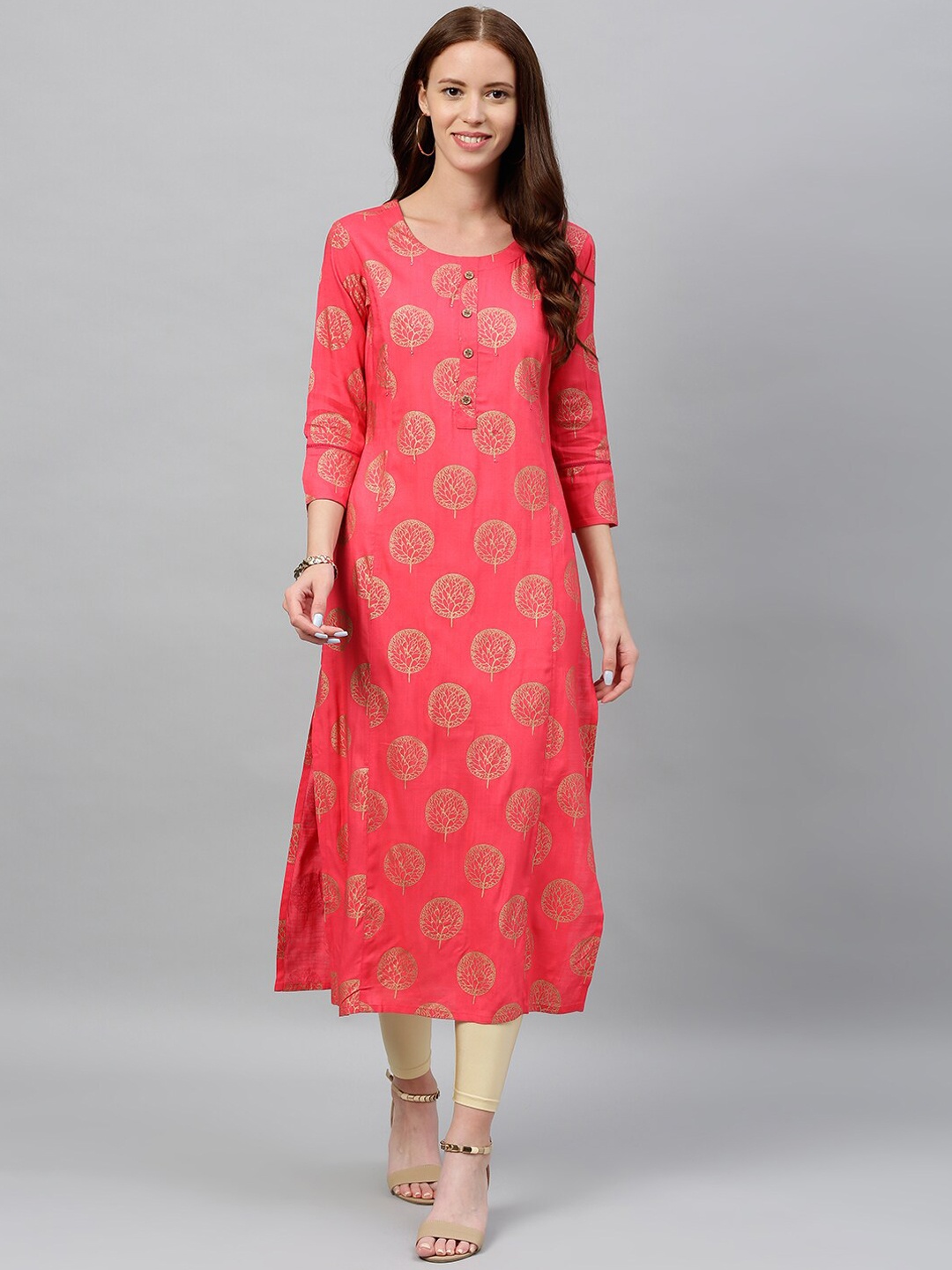 

KALINI Floral Foil Printed Three-Quarter Lace Detail Kurta, Pink