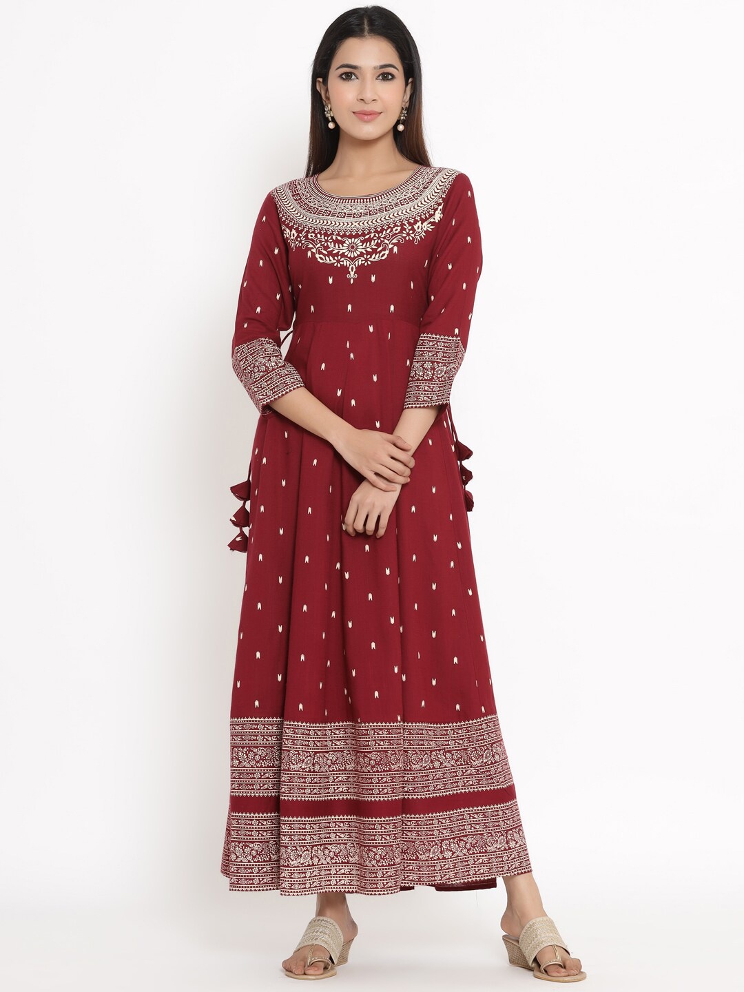 

KALINI Ethnic Motifs Printed Round Neck Maxi Ethnic Dress, Maroon