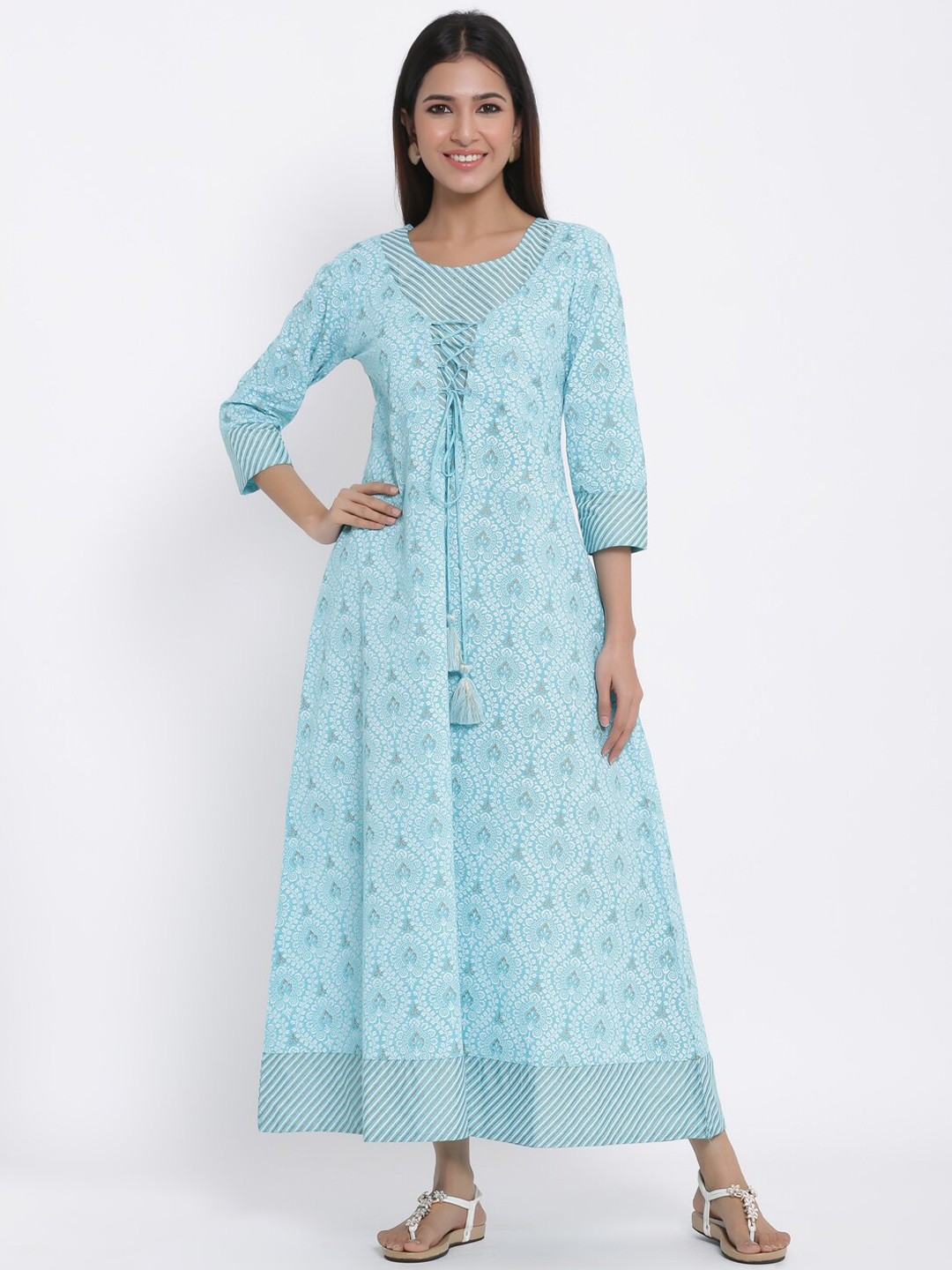 

KALINI Ethnic Motifs Printed Round Neck Tie-Up Cotton Ethnic Dress, Blue