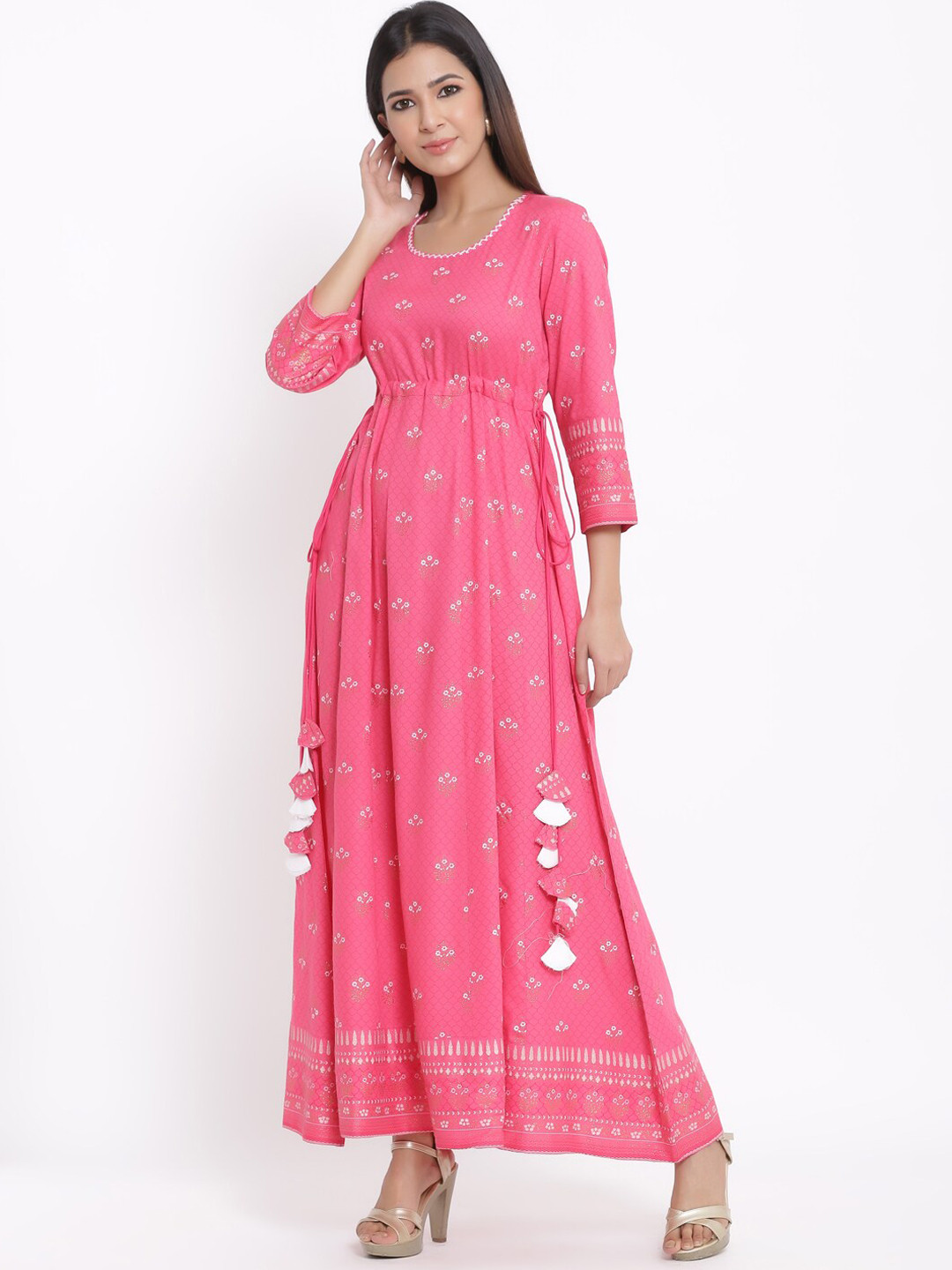 

KALINI Floral Printed Round Neck Gathered Ethnic Dress, Pink