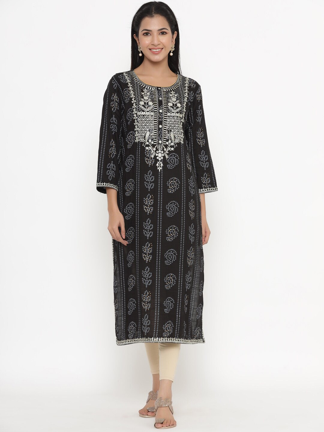 KALINI Ethnic Motifs Printed Thread Work Kurta, Black