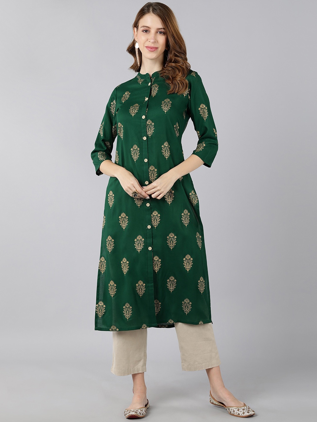 

KALINI Ethnic Motifs Foil Printed Three-Quarter Lace Detail Kurta, Green