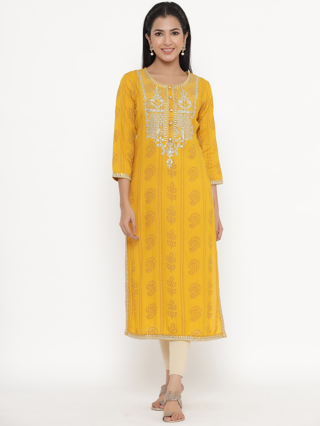 

KALINI Ethnic Motifs Printed Thread Work Kurta, Yellow