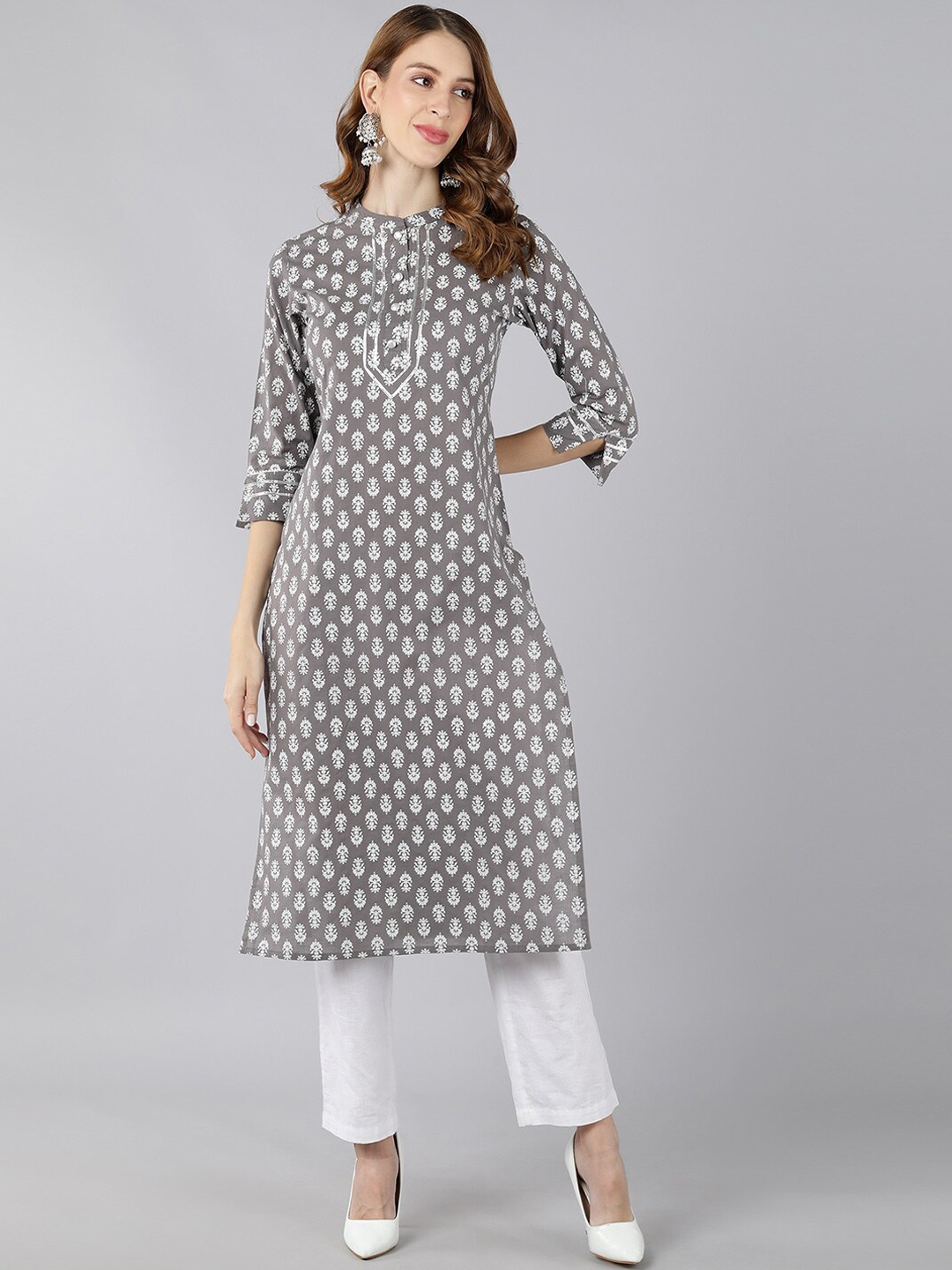

KALINI Ethnic Motifs Printed Mandarin Collar Pure Cotton Kurta, Grey