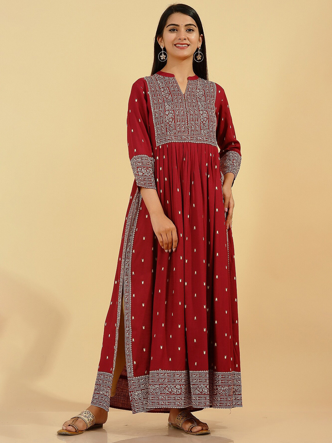 

KALINI Ethnic Motifs Printed Straight Kurta, Maroon