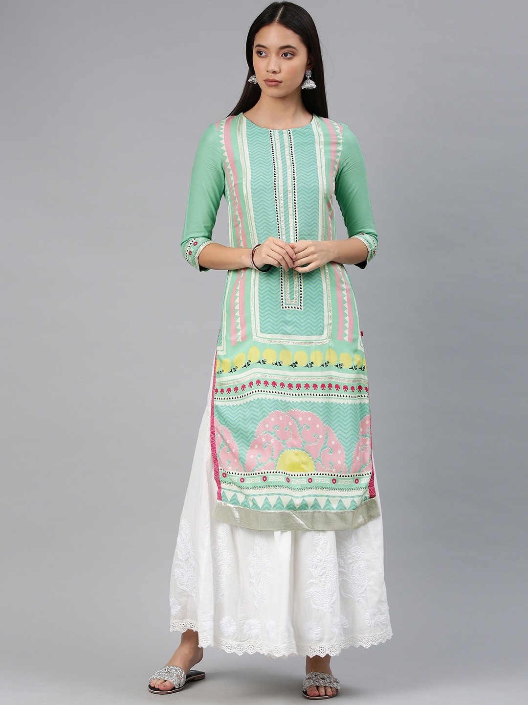 

W Women Sea Green Printed Straight Sustainable Kurta
