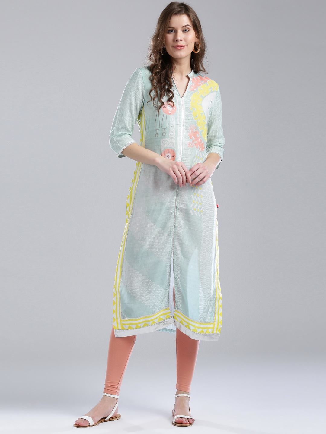 

W Women Blue & White Printed Straight Kurta