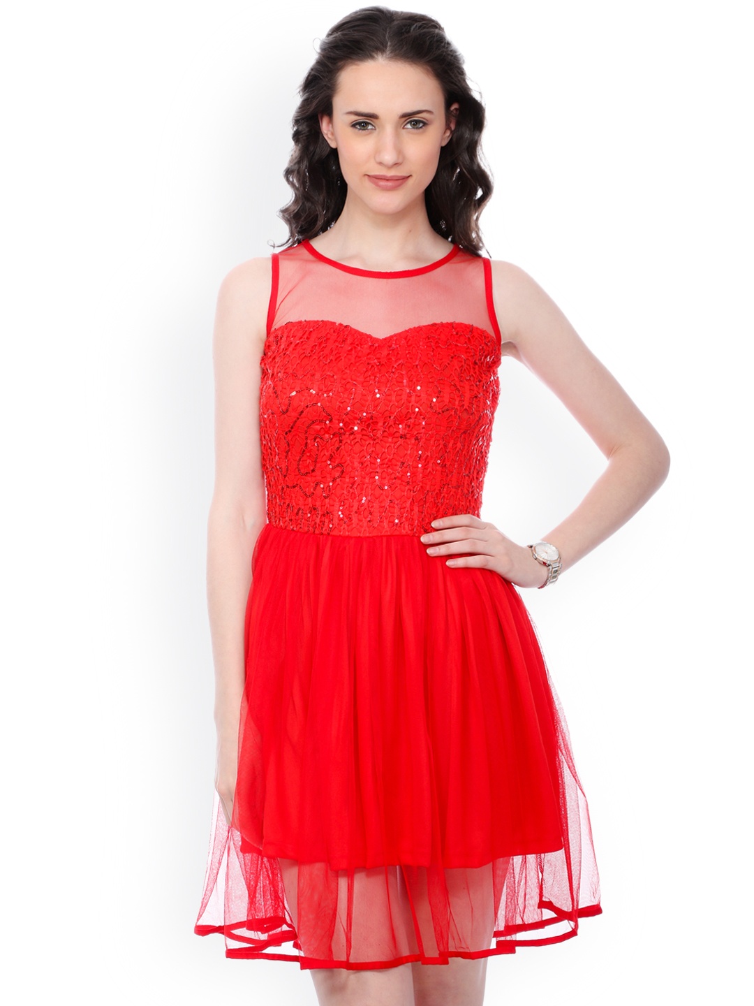 

SCORPIUS Women Red Embellished Fit and Flare Dress