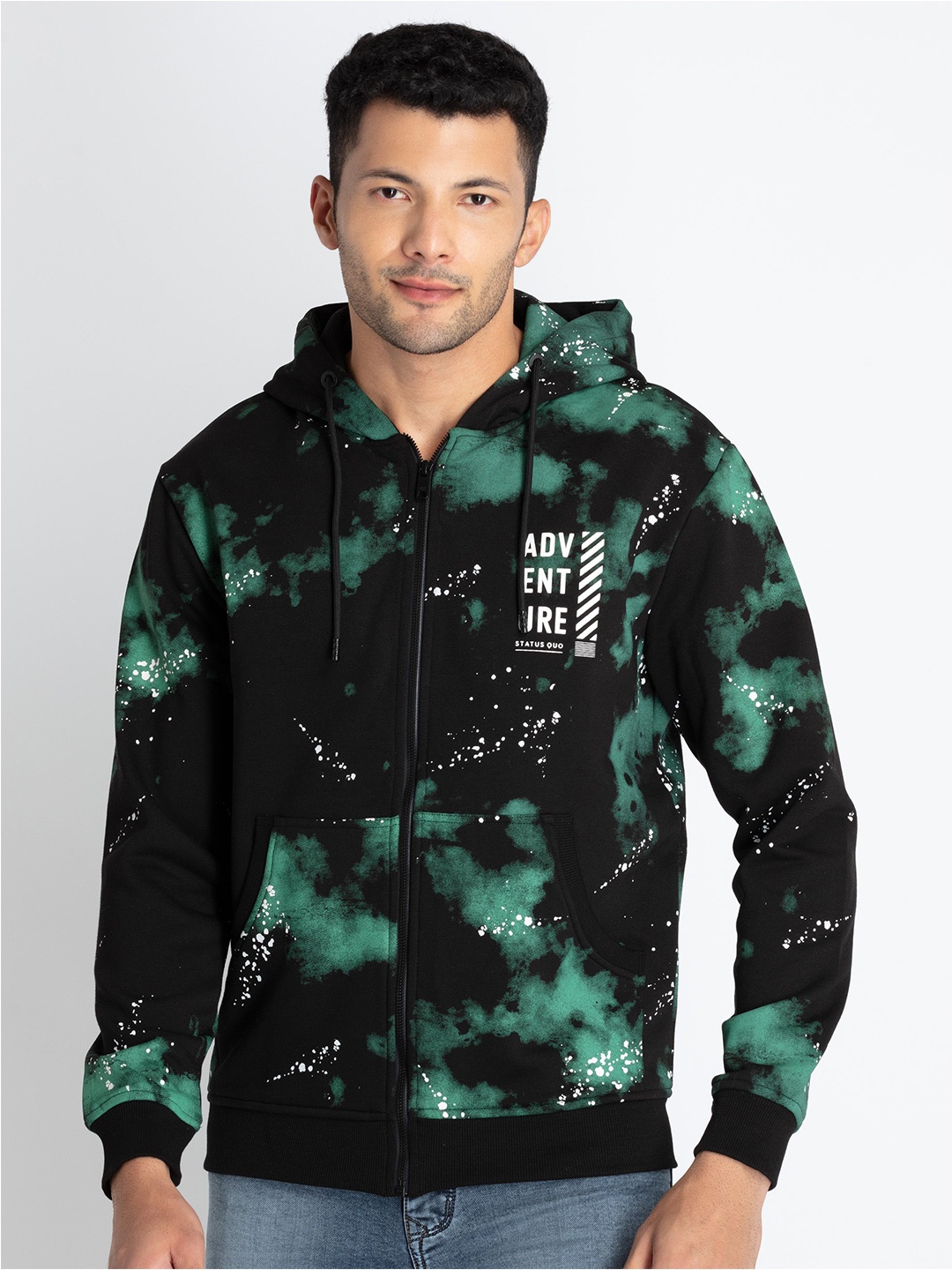 

Status Quo Abstract Printed Hooded Cotton Front-Open Sweatshirt, Black