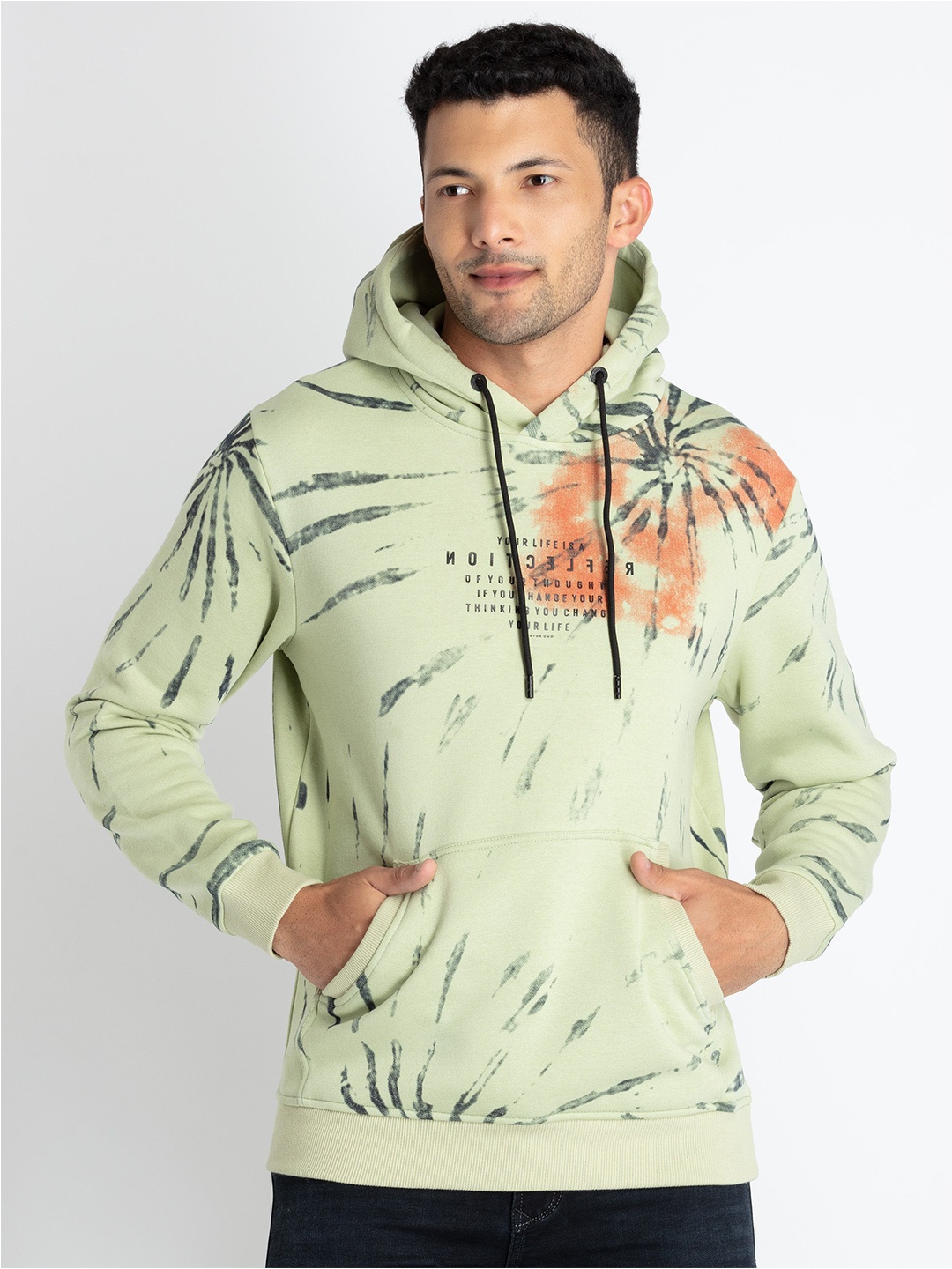 

Status Quo Floral Printed Cotton Hooded Pullover Sweatshirt, Green