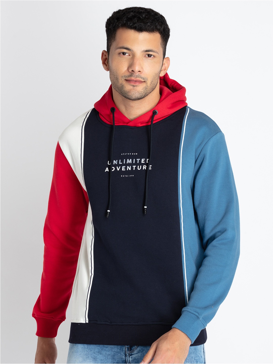 

Status Quo Men Colourblocked Hooded Cotton Sweatshirt, Navy blue