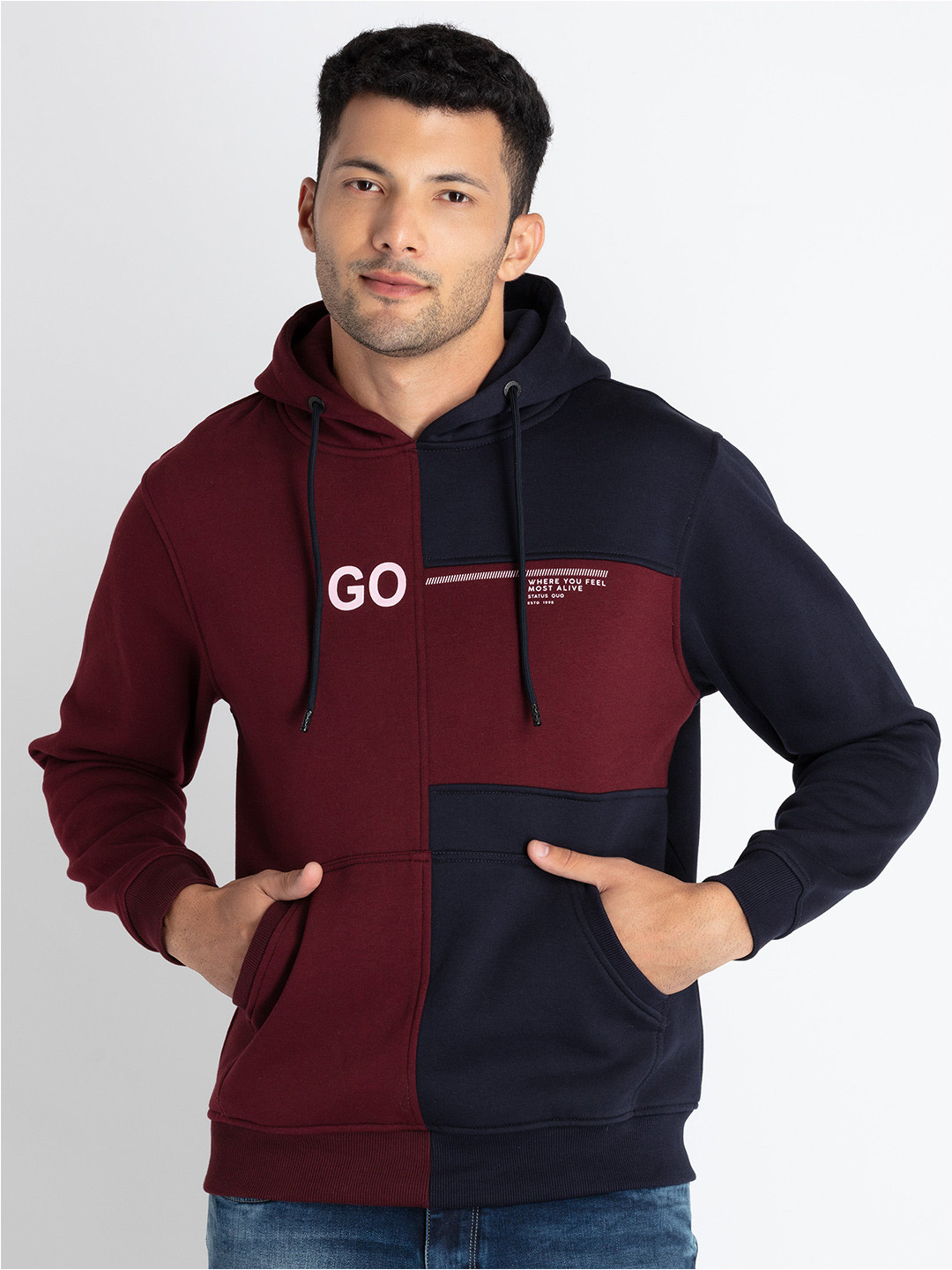 

Status Quo Alphanumeric Printed Kangaroo Pocket Colourblocked Hooded Cotton Pullover, Maroon