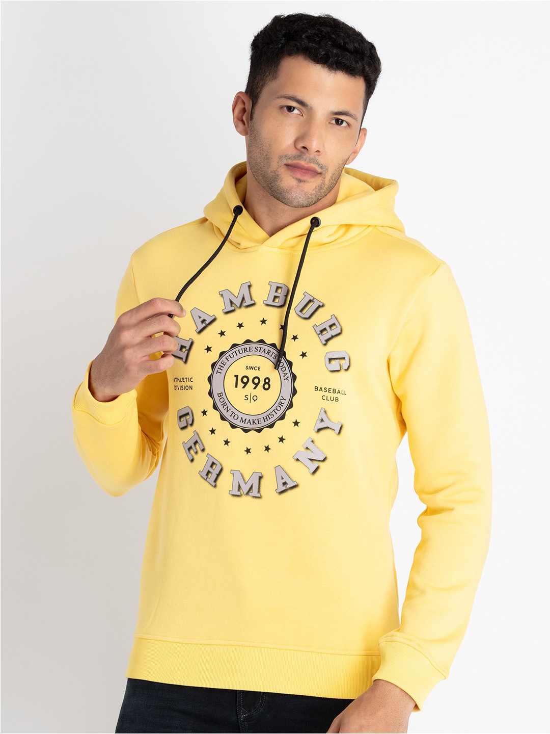 

Status Quo Alphanumeric Printed Hooded Cotton Pullover, Yellow