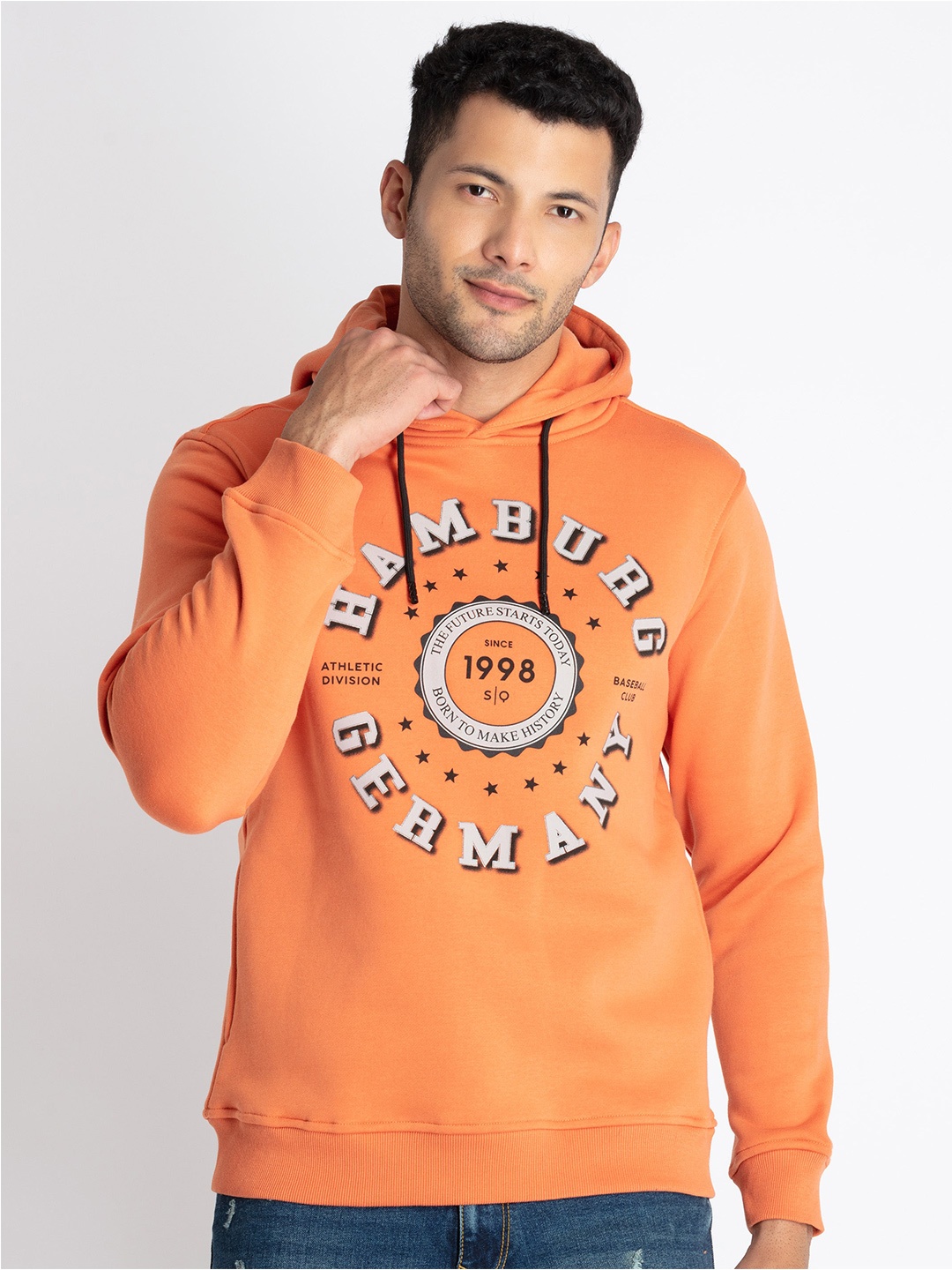 

Status Quo Typography Printed Hooded Cotton Pullover Sweatshirt, Rust