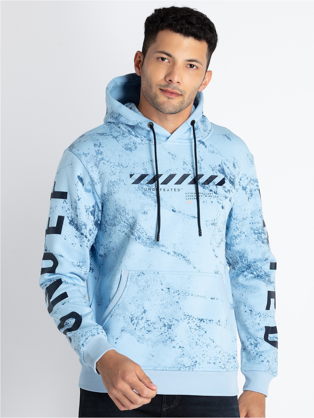 

Status Quo Men Abstract Printed Hooded Cotton Sweatshirt, Blue