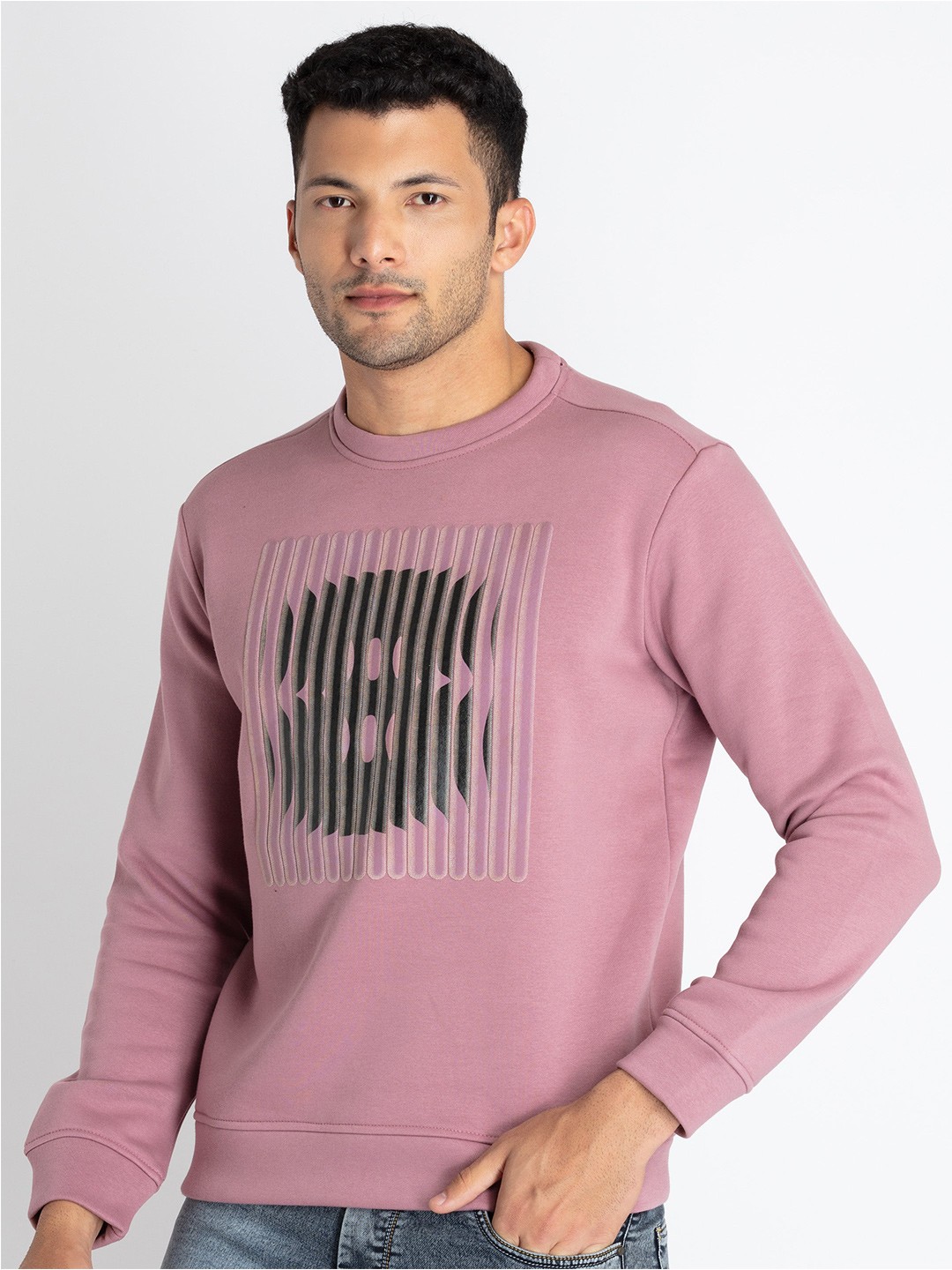 

Status Quo Alphanumeric Printed Long Sleeve Cotton Pullover, Pink