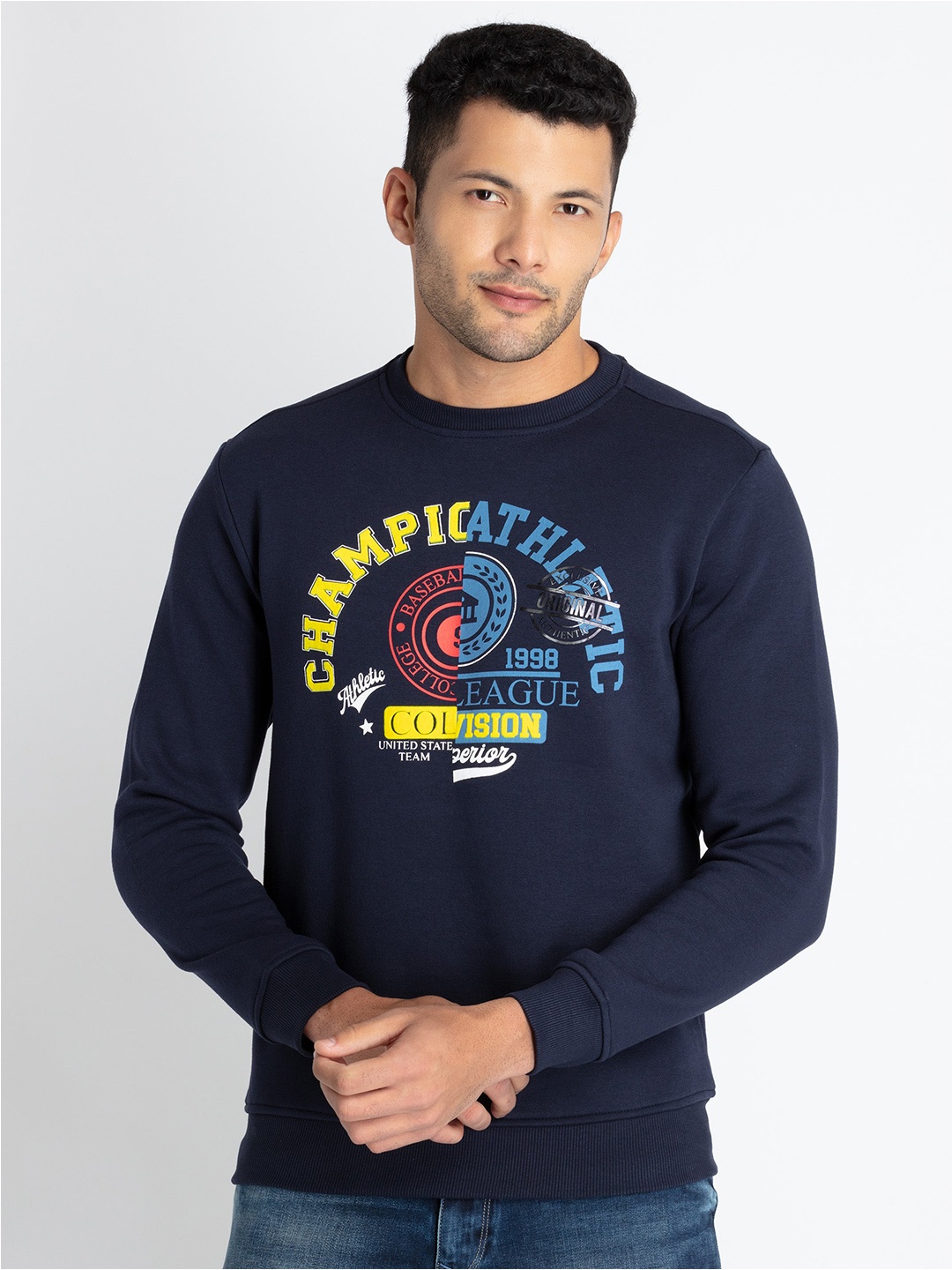 

Status Quo Typography Printed Pullover Cotton Sweatshirt, Navy blue