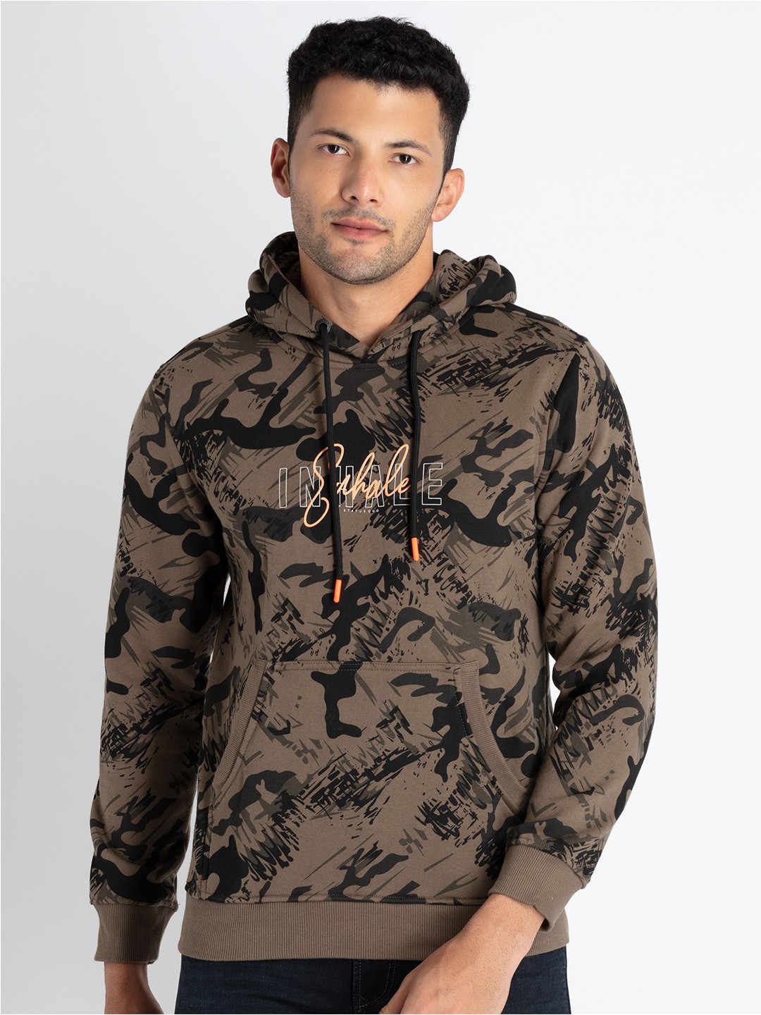 

Status Quo Men Olive Green Printed Hooded Sweatshirt, Beige