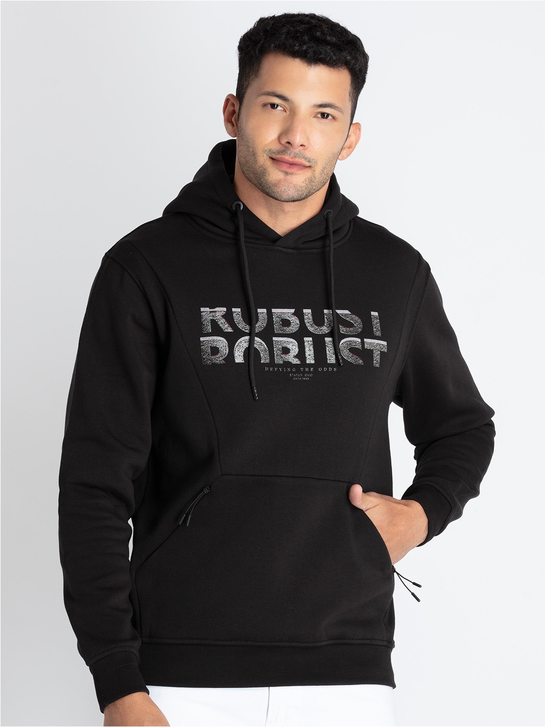 

Status Quo Men Printed Hooded Cotton Sweatshirt, Black