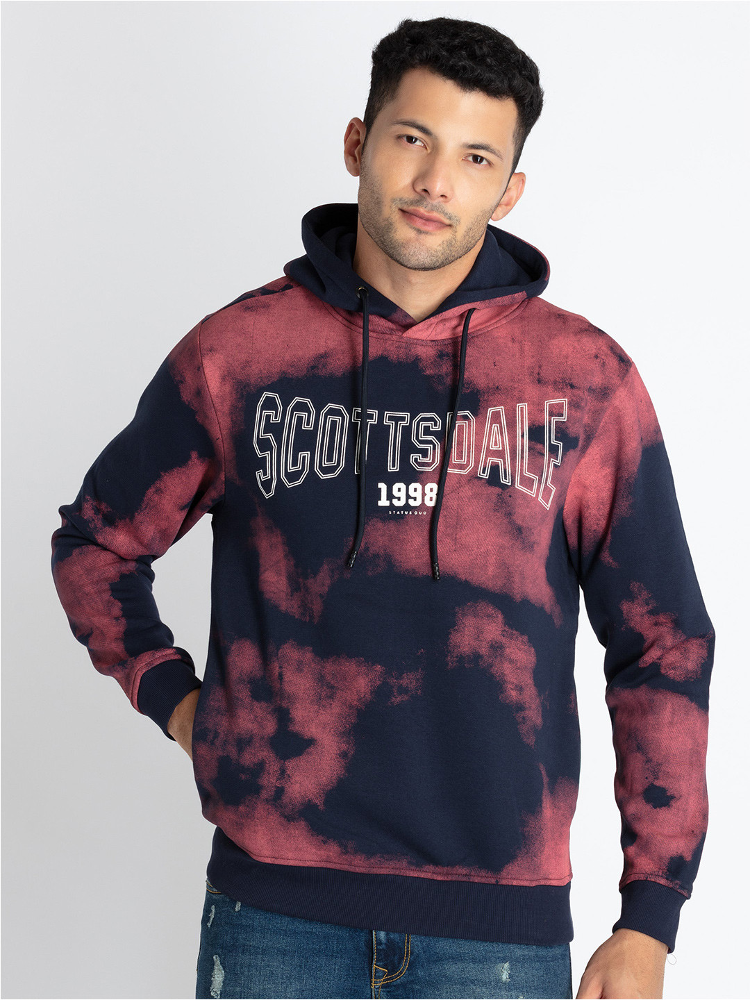 

Status Quo Typography Printed Hooded Cotton Pullover Sweatshirt, Navy blue