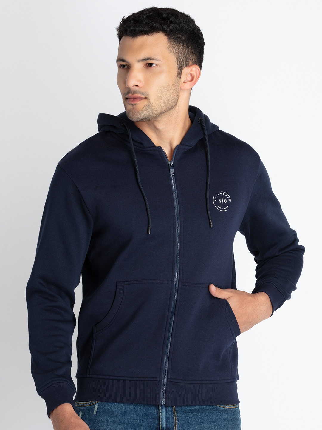 

Status Quo Kangaroo Pocket Hooded Front-Open Cotton Sweatshirt, Navy blue
