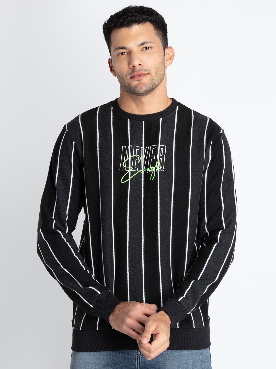 

Status Quo Striped Cotton Casual Sweatshirt, Black