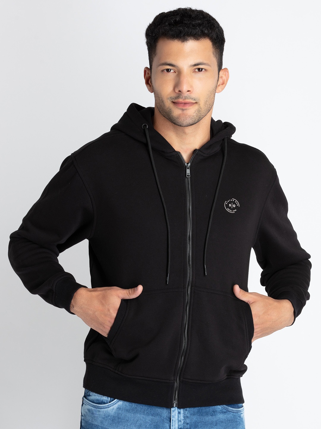 

Status Quo Hooded Front-Open Cotton Sweatshirt, Black