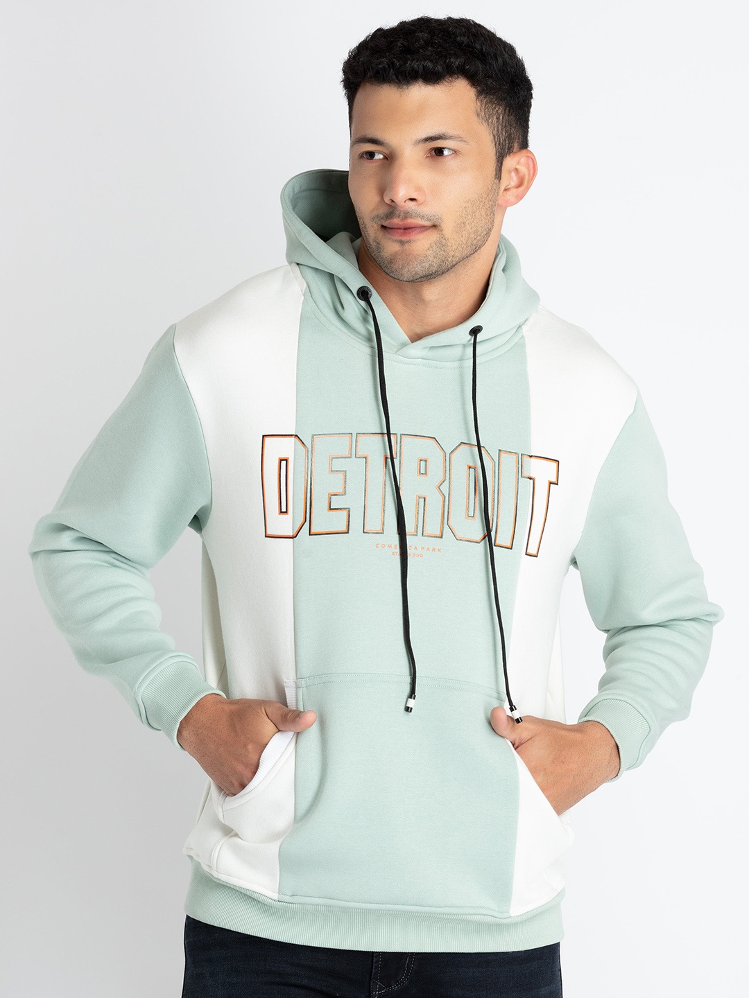 

Status Quo Typography Printed Colourblocked Hooded Cotton Pullover, Green