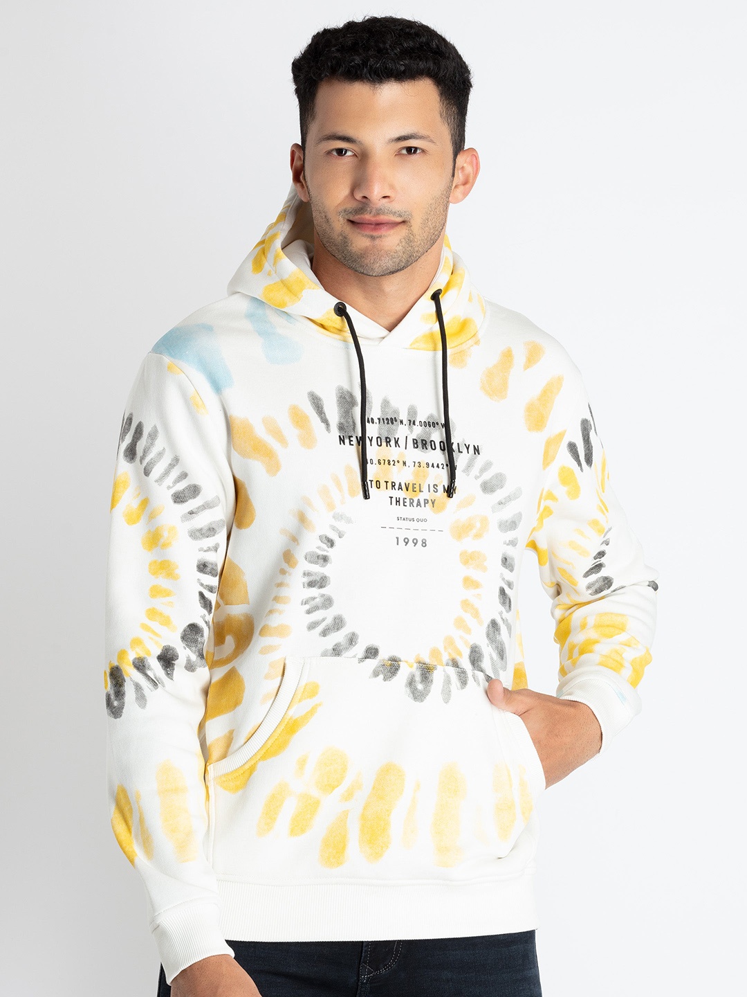 

Status Quo Men Typography Printed Hooded Sweatshirt, Off white