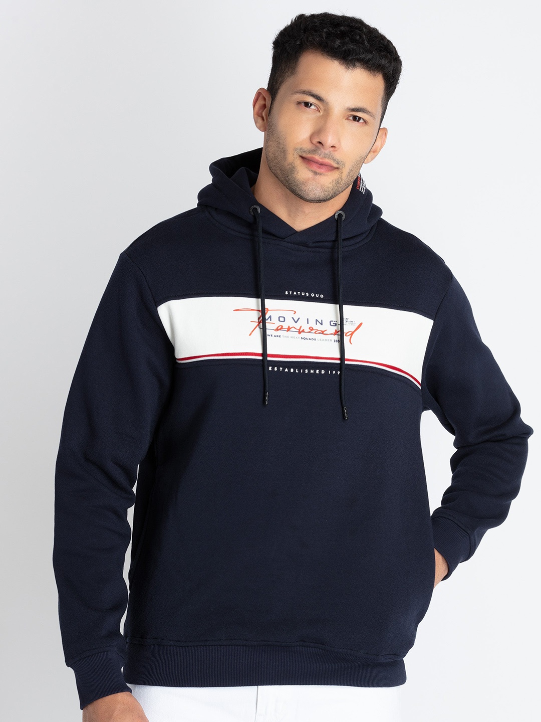 

Status Quo Typography Printed Hooded Cotton Pullover Sweatshirt, Navy blue