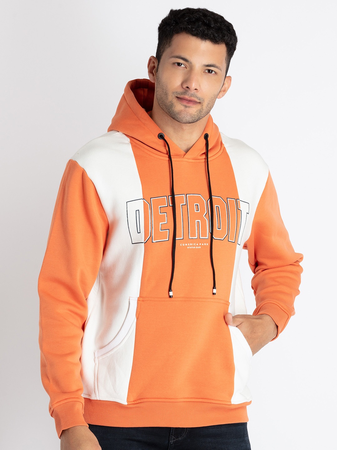 

Status Quo Typography Printed Hooded Pullover Cotton Sweatshirt, Orange