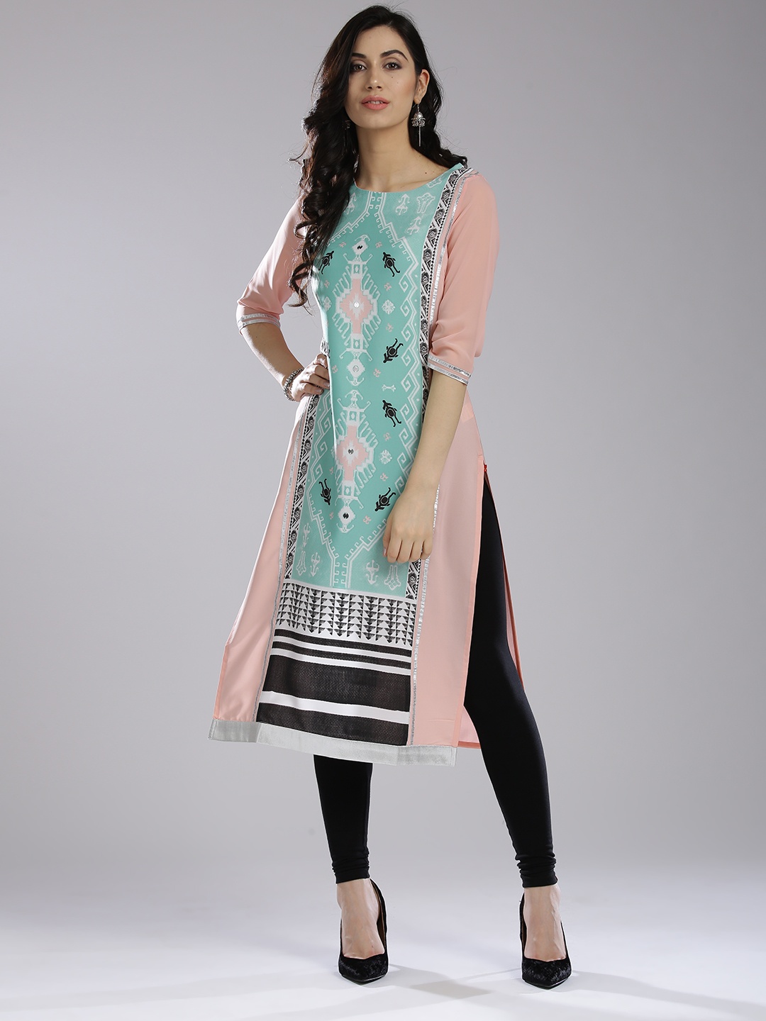 

W Women Sea Green & Peach-Coloured Printed Straight Kurta