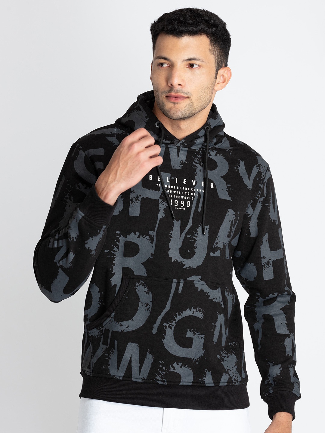 

Status Quo Men Printed Hooded Cotton Sweatshirt, Black