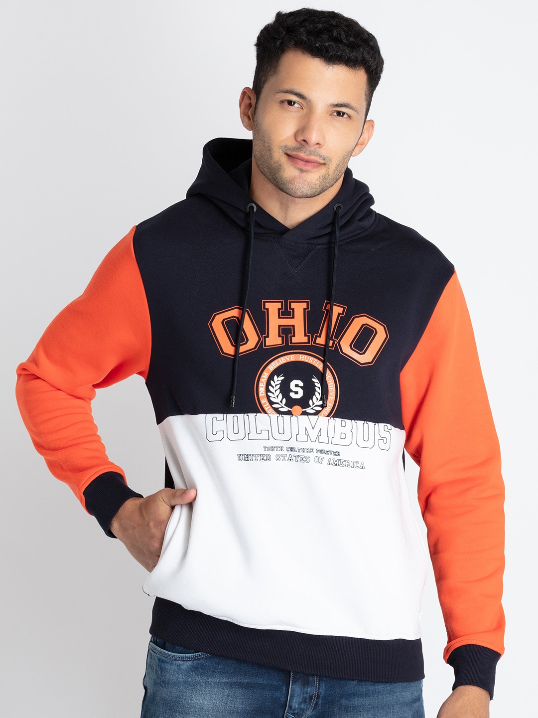 

Status Quo Typography Printed Colourblocked Hooded Cotton Pullover, Navy blue