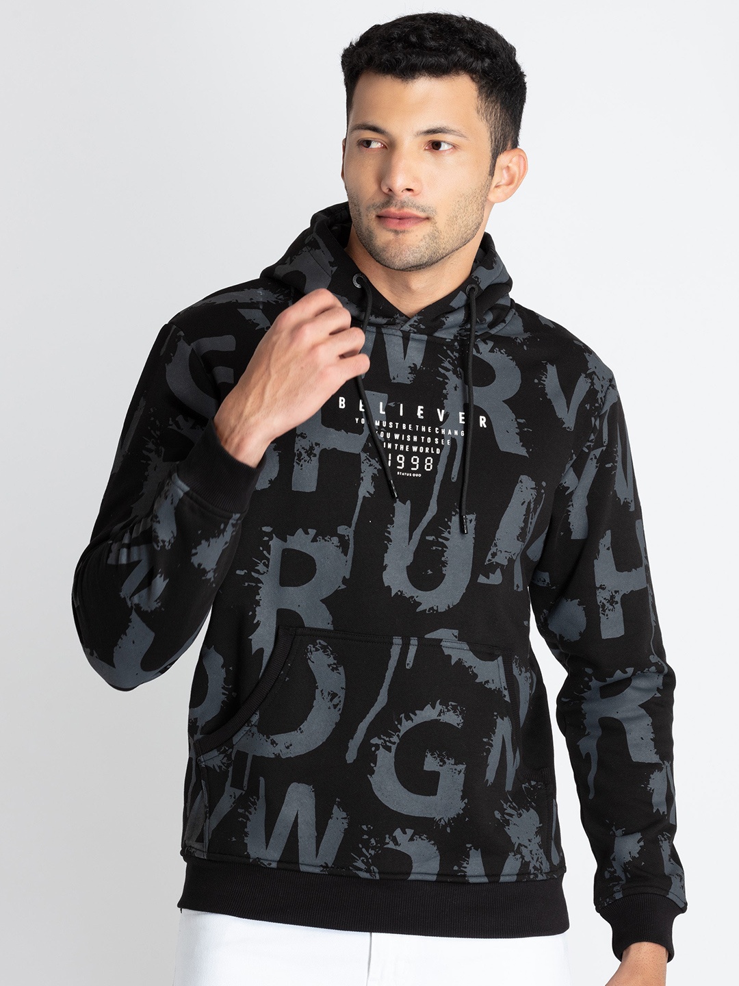 

Status Quo Typography Printed Hooded Pullover, Black