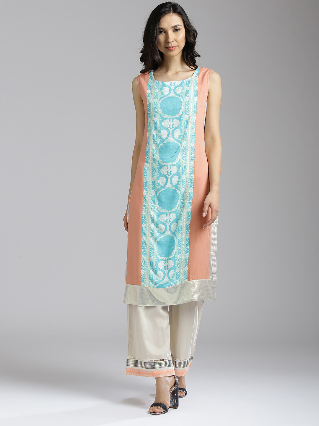 

W Women Blue & Peach-Coloured Printed Straight Kurta