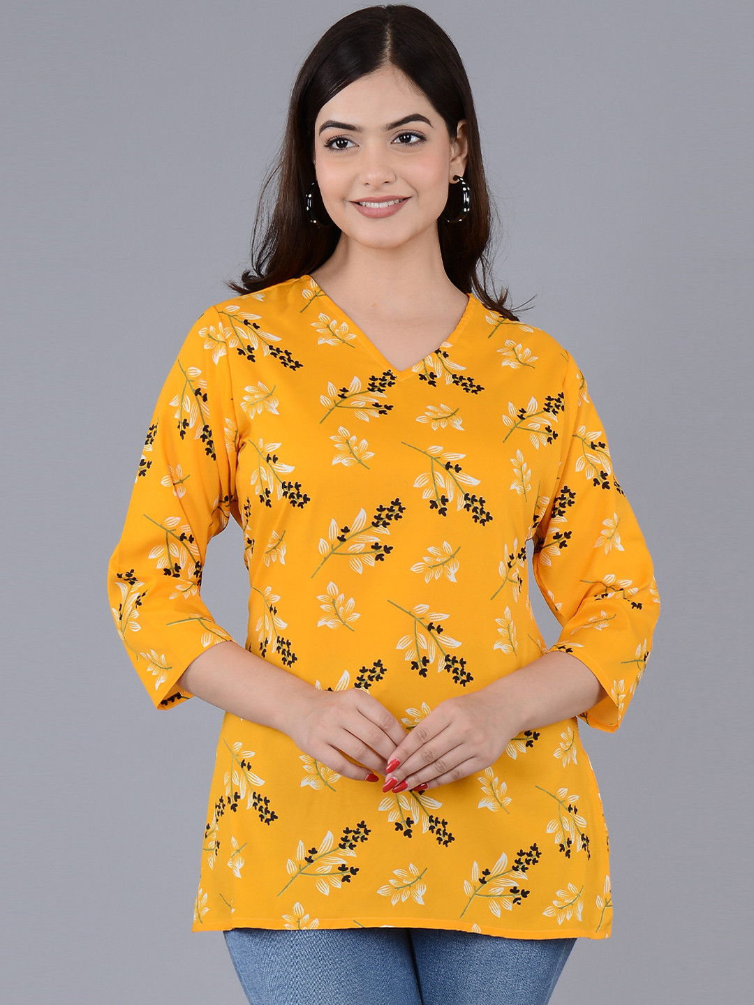 

Subh LAXMI Floral Printed V-Neck A-Line Top, Yellow