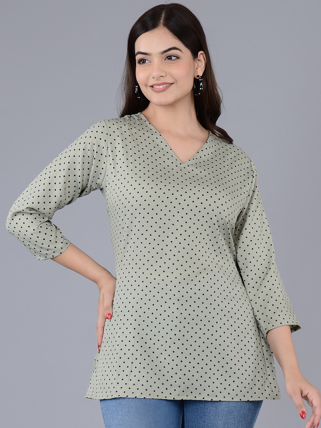 

Subh LAXMI Polka Dots Printed V-Neck A-Line Top, Grey