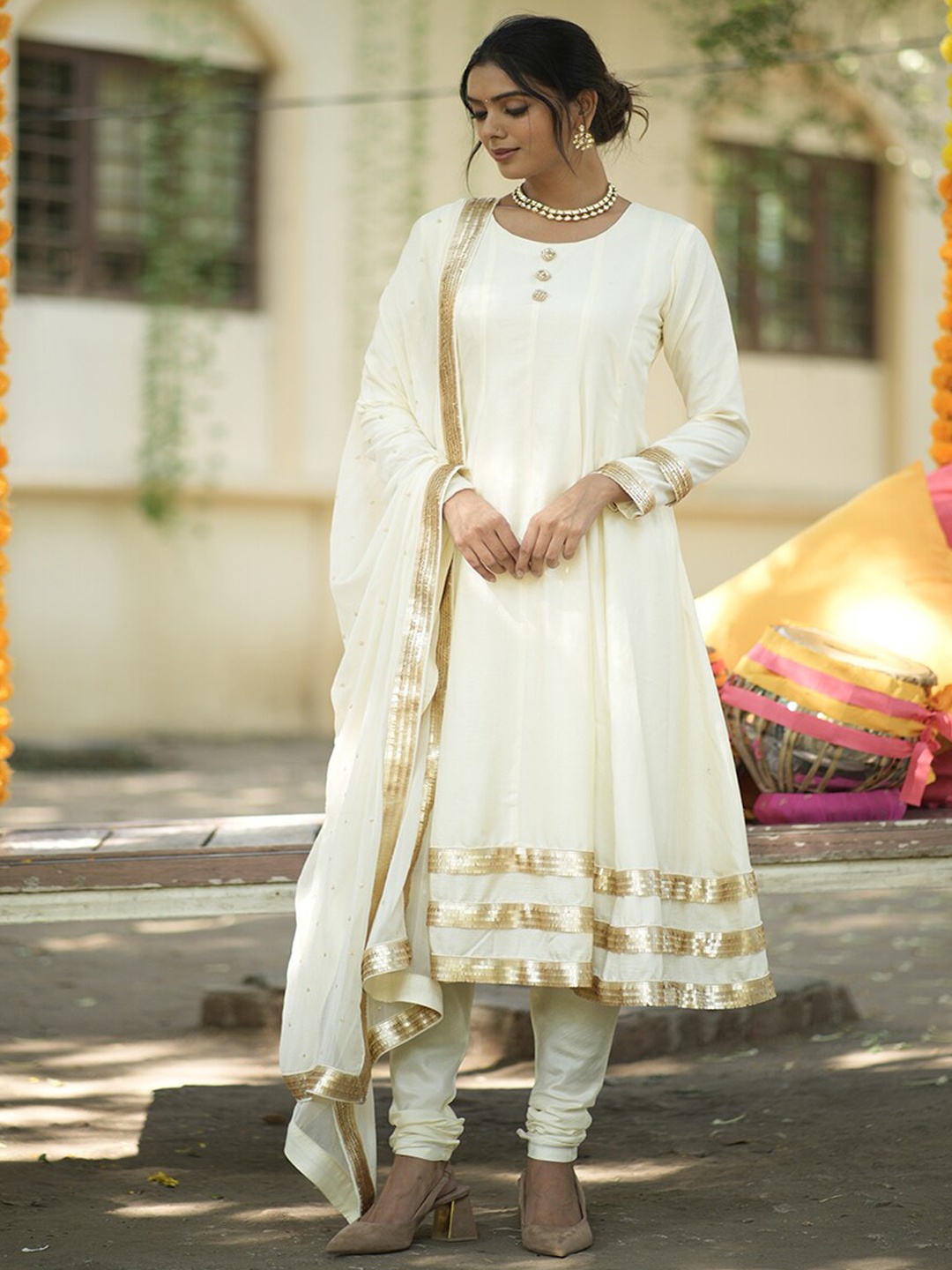 

WEAVLLITE Sequinned Anarkali Kurta with Churidar & With Dupatta, Cream