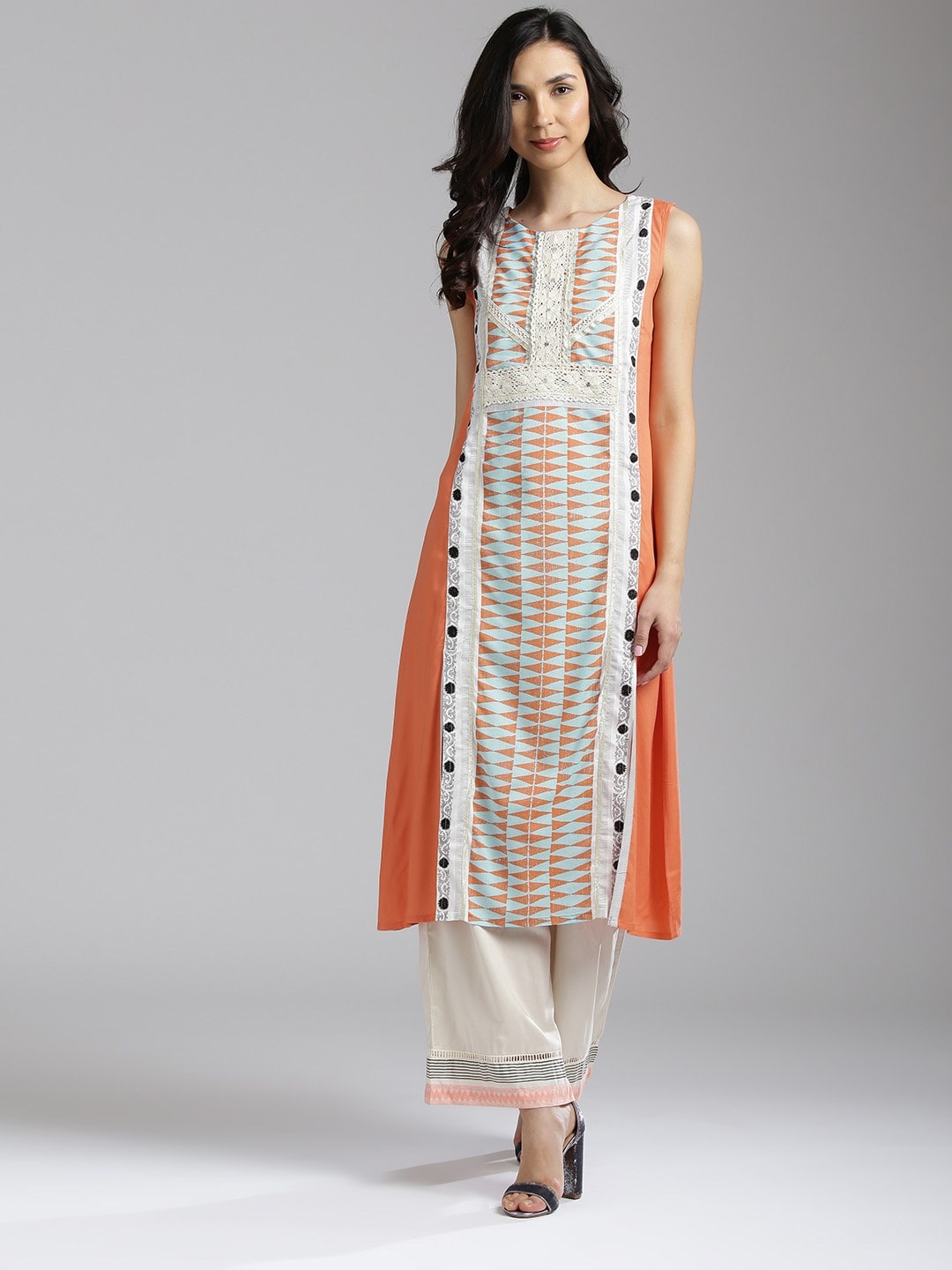 

W Women Orange & Off-White Printed A-Line Sustainable Kurta