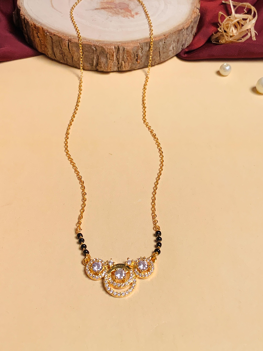 

ABDESIGNS Gold-Plated American Diamond Stone-Studded & Beaded Mangalsutra