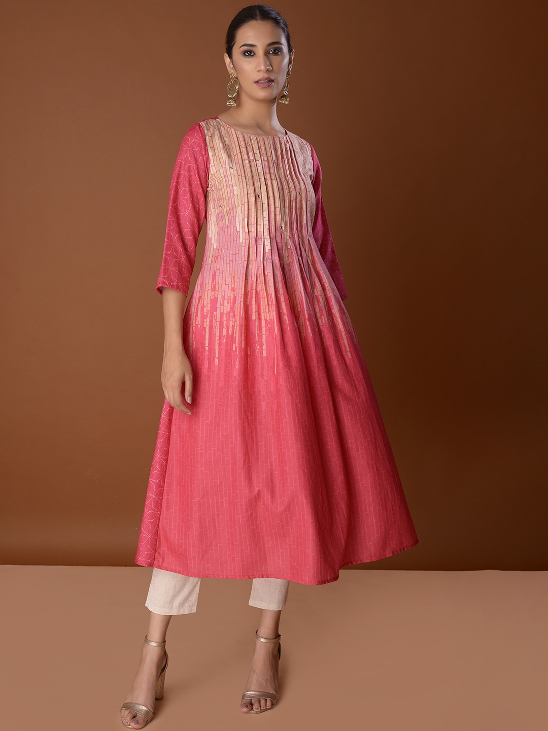 

PINKSKY Geometric Printed A-Line Kurta, Pink