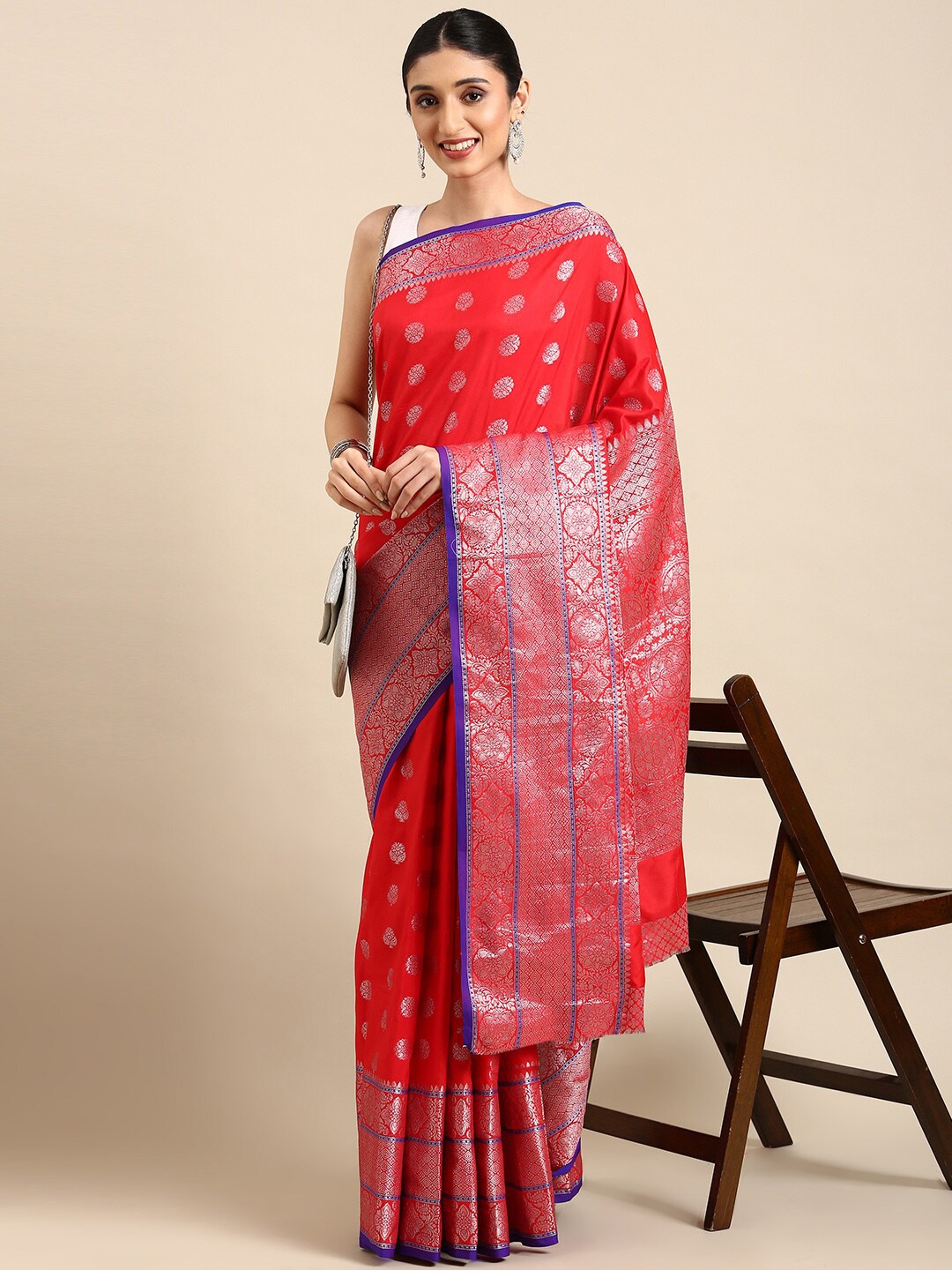 

SGF11 Woven Design Zari Pure Silk Kanjeevaram Saree, Red