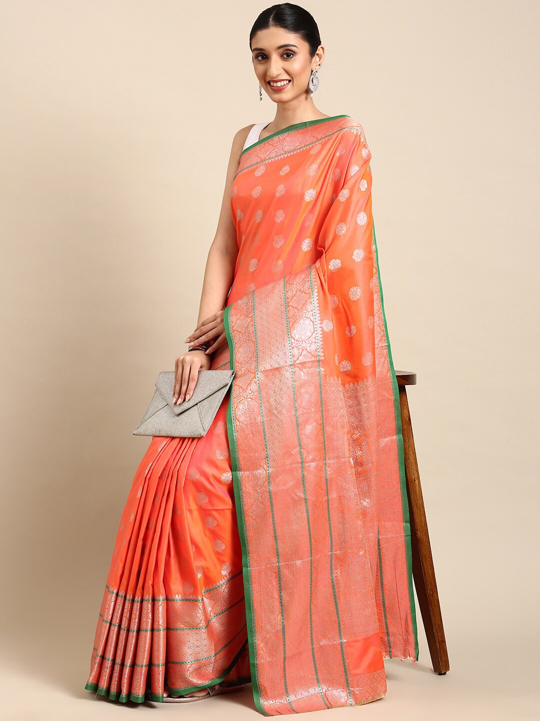 

SGF11 Ethnic Motifs Woven Design Zari Pure Silk Kanjeevaram Saree, Orange