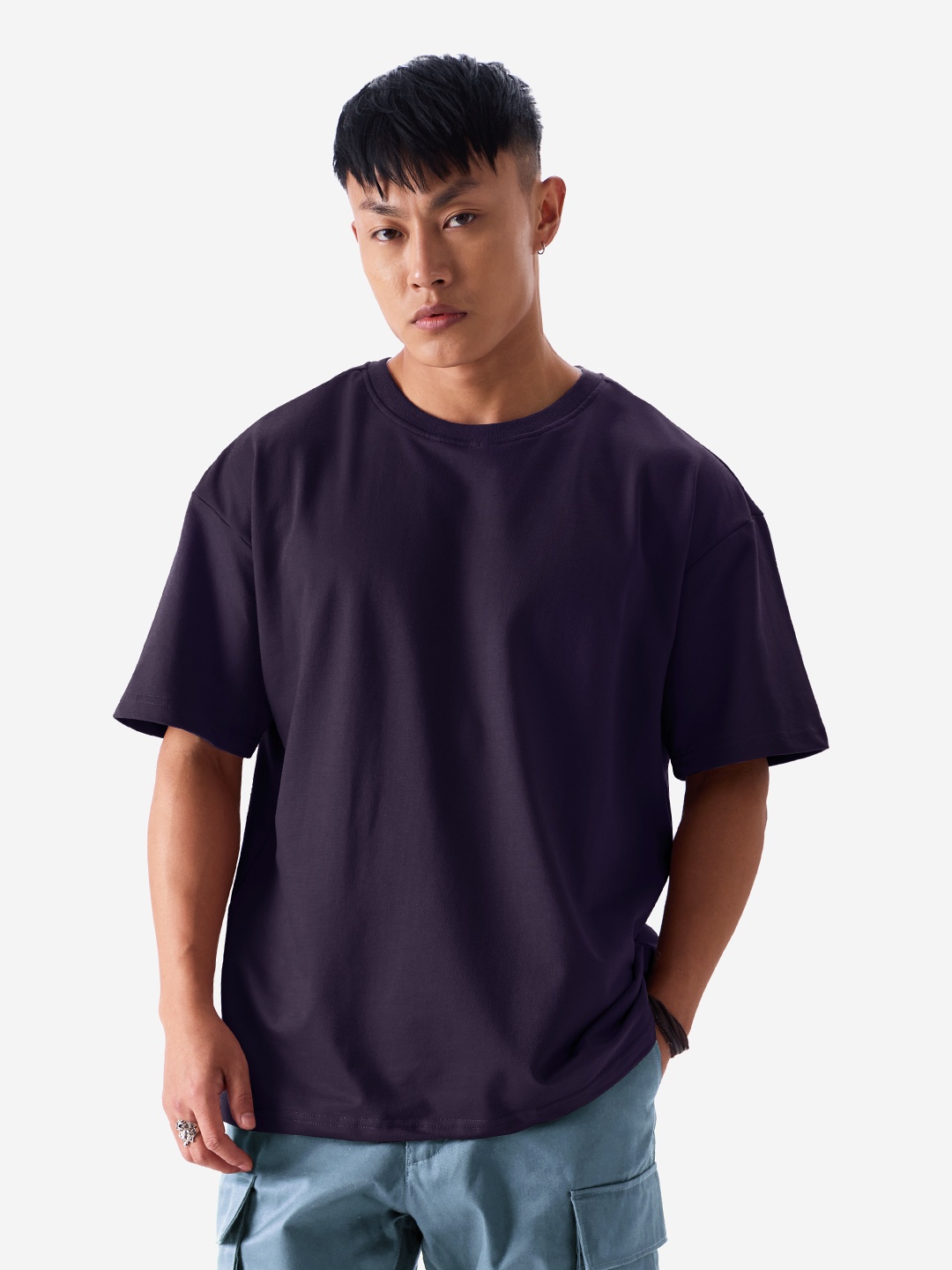 The Souled Store Blue Round Neck Oversized Pure Cotton T-shirt, Navy blue