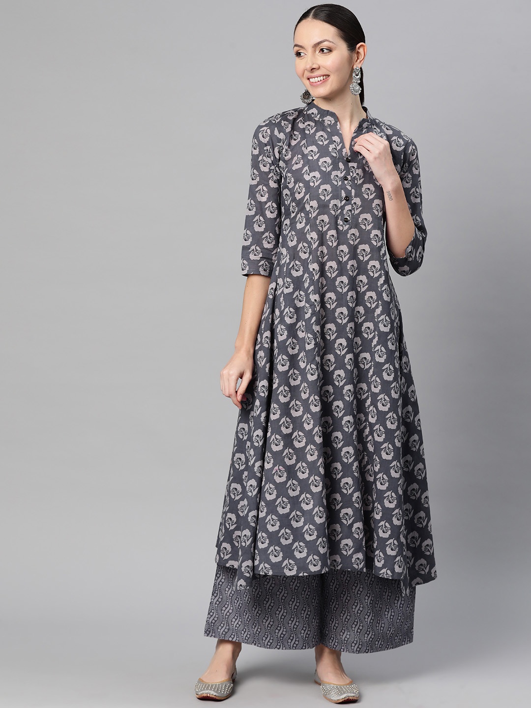

Indibelle Women Floral Printed Regular Pure Cotton Kurta with Trousers, Grey