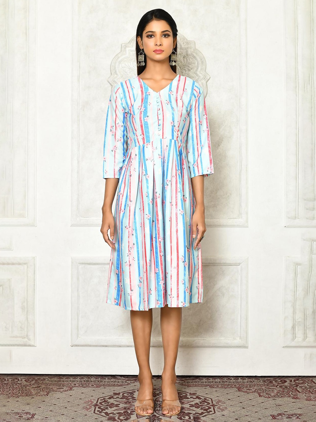 

BAESD Vertical Striped Cotton A-Line Dress, Blue