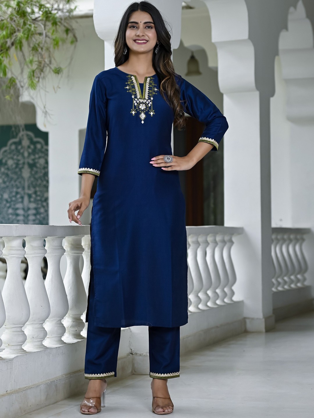 

MissKurti Ethnic Motifs Yoke Design Mirror Work Pure Silk Kurta With Trousers, Blue